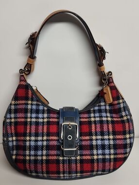 Coach Rare Vintage Suede Hampton 100% Wool Plaid Red & Blue Hobo Shoulder Bag